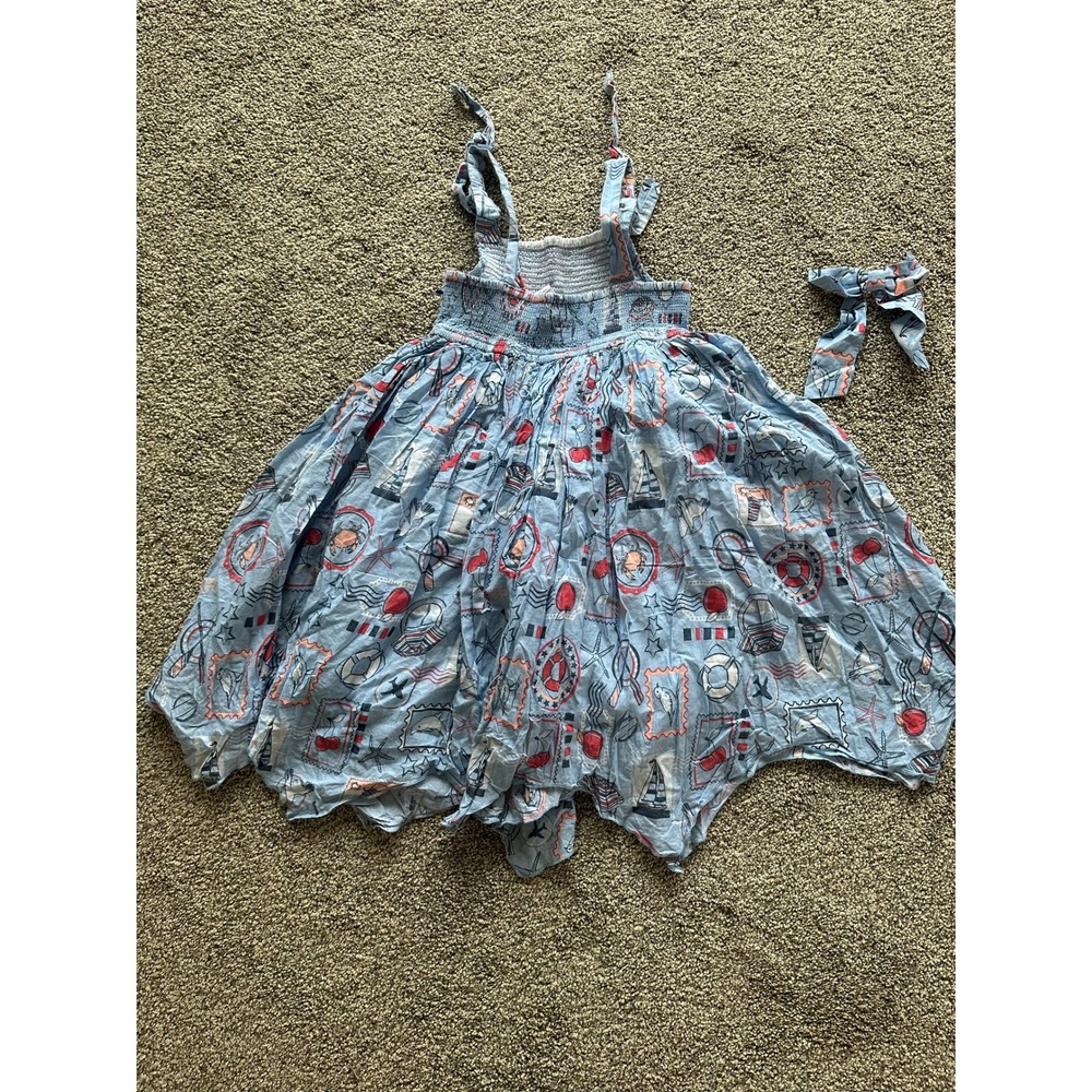 Tommy Bahama Girls Blue Nautical Stamp Print Smocked Handkerchief Dress Size 7